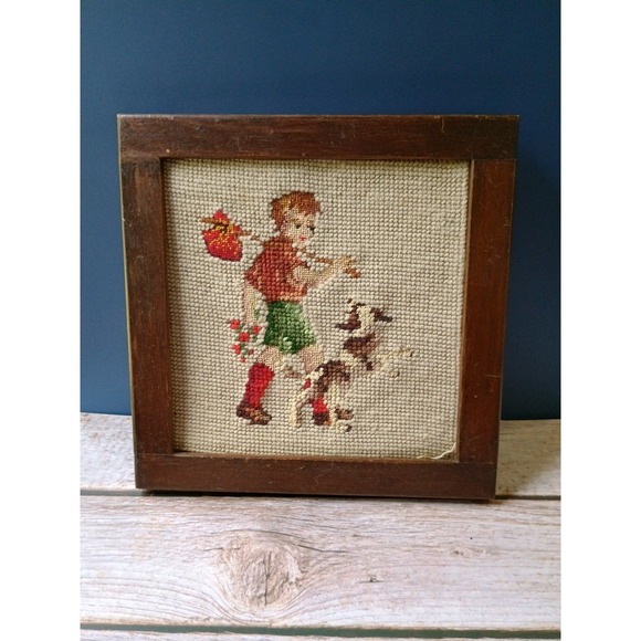 Vintage Needlepoint Boy And Dog Square Wood Framed Picture 9" X 9" - Picture 1 of 7